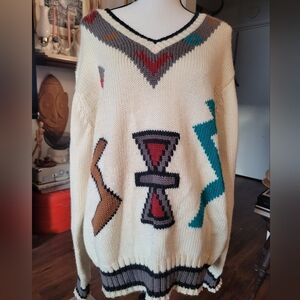 Puritan Cream V-Neck Sweater with Geometric Patterns